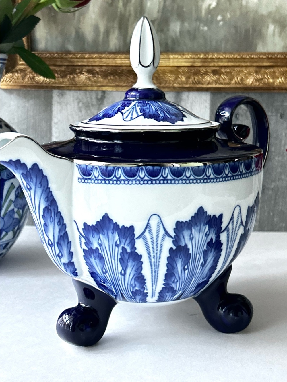 🌴Elegance Bombay Cobalt Blue & White Chinoiserie Porcelain Teapot W/Lid